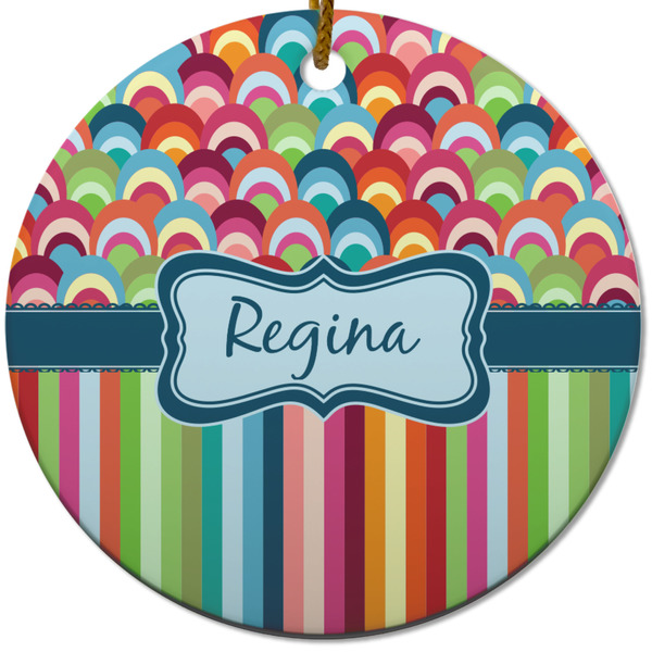 Retro Scales & Stripes Ceramic Flat Ornament - Circle (Front)