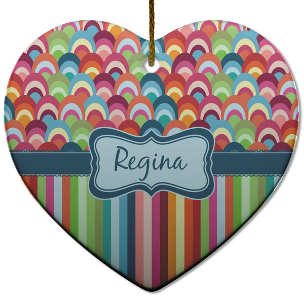 Custom Retro Scales & Stripes Heart Ceramic Ornament w/ Name or Text