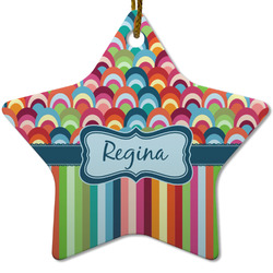 Retro Scales & Stripes Star Ceramic Ornament w/ Name or Text