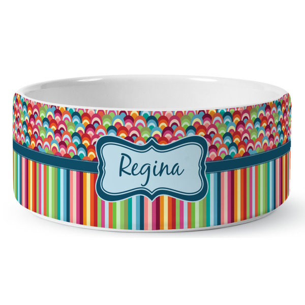 Custom Retro Scales & Stripes Ceramic Dog Bowl - Medium (Personalized)