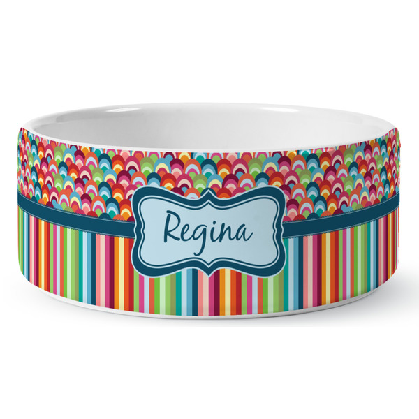 Custom Retro Scales & Stripes Ceramic Dog Bowl - Large (Personalized)