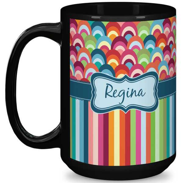 Custom Retro Scales & Stripes 15 Oz Coffee Mug - Black (Personalized)