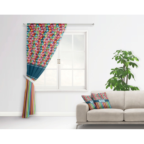 Retro Scales & Stripes Curtain With Window and Rod - in Room Matching Pillow
