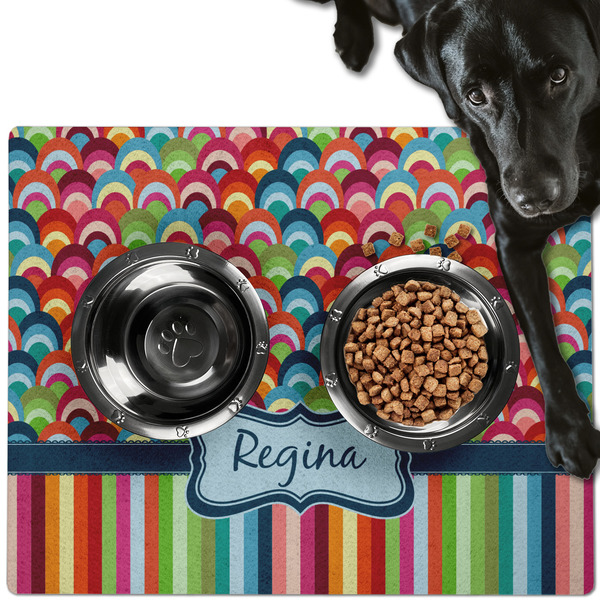 Custom Retro Scales & Stripes Dog Food Mat - Large w/ Name or Text