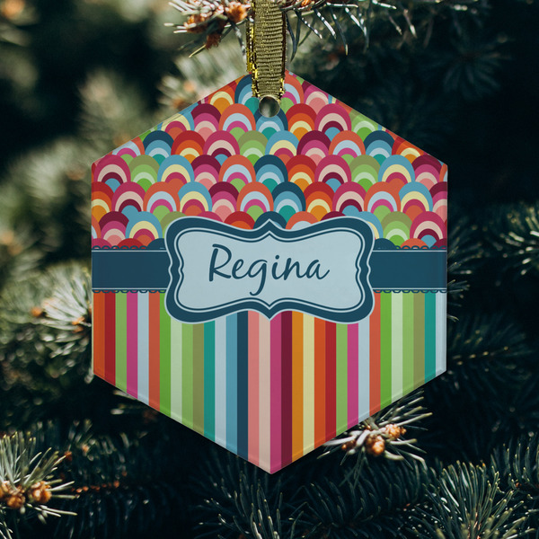 Retro Scales & Stripes Frosted Glass Ornament - Hexagon (Lifestyle)