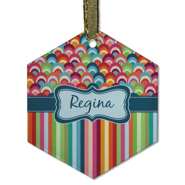 Custom Retro Scales & Stripes Flat Glass Ornament - Hexagon w/ Name or Text
