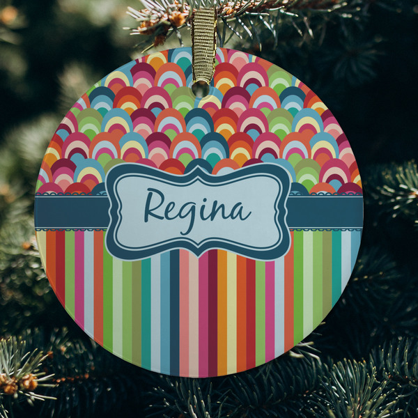 Retro Scales & Stripes Frosted Glass Ornament - Round (Lifestyle)