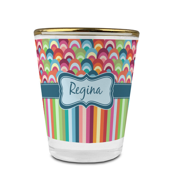 Retro Scales & Stripes Glass Shot Glass - With gold rim - FRONT