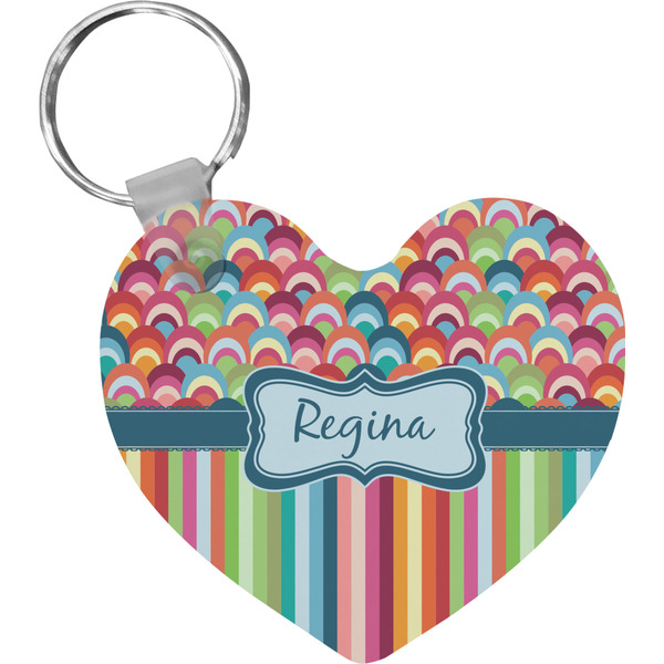 Custom Retro Scales & Stripes Heart Plastic Keychain w/ Name or Text