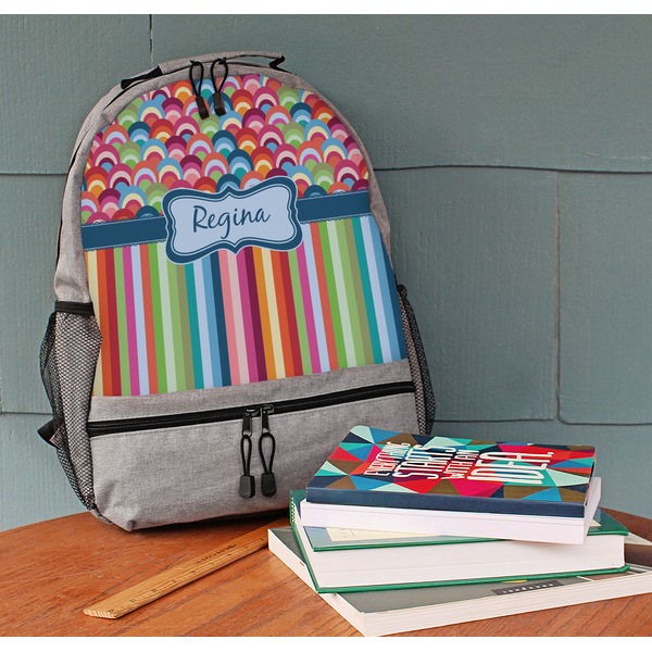 Retro Scales & Stripes Large Backpack - Gray - On Desk