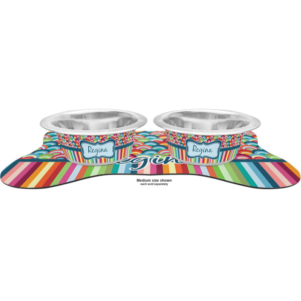 Retro Scales & Stripes Metal Pet Bowls - On Dog Bone Shaped Mat