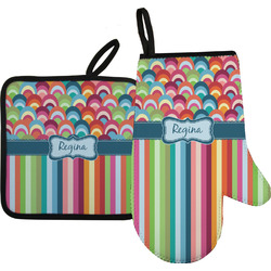 Retro Scales & Stripes Oven Mitt & Pot Holder Set w/ Name or Text