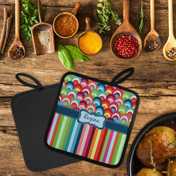 Retro Scales & Stripes Neoprene Pot Holder - Set of 2  LIFESTYLE (Flatlay)