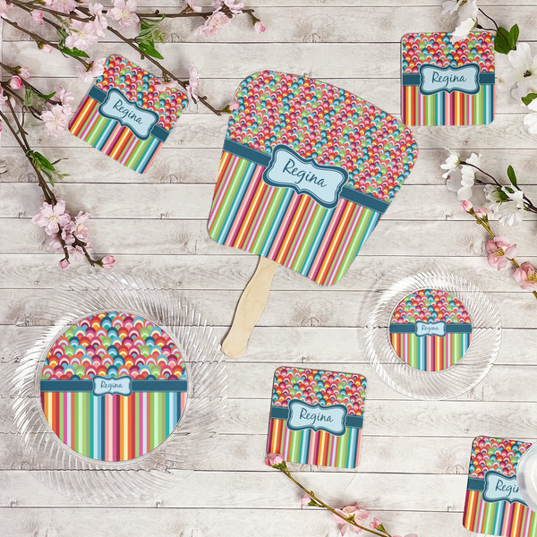 Retro Scales & Stripes Party Supplies Combination Image - All items - Plates, Coasters, Fans