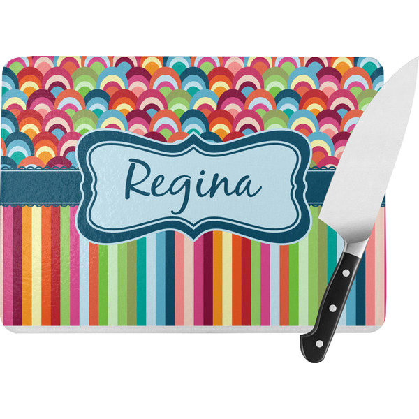 Custom Retro Scales & Stripes Rectangular Glass Cutting Board - Large - 15.25"x11.25" w/ Name or Text