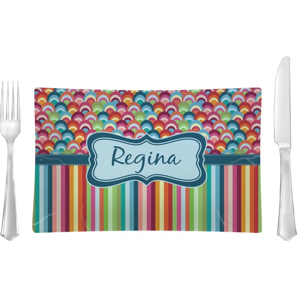 Custom Retro Scales & Stripes Glass Rectangular Lunch / Dinner Plate w/ Name or Text