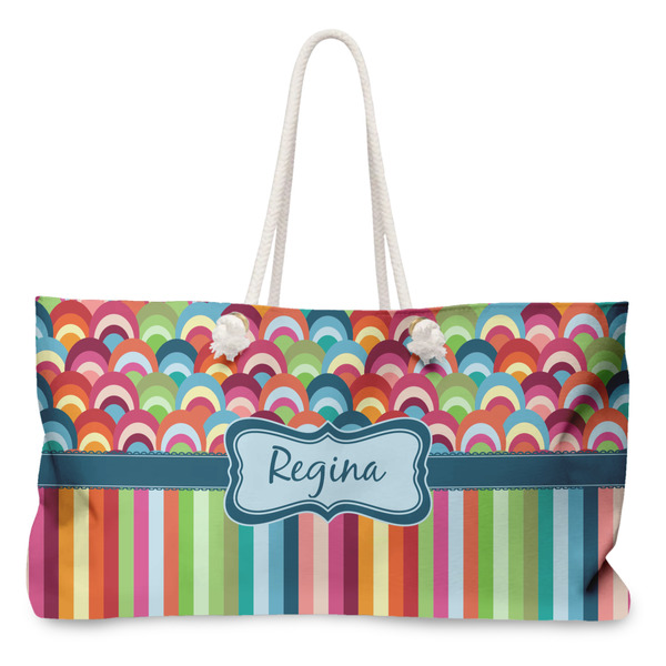 Custom Retro Scales & Stripes Large Tote Bag with Rope Handles (Personalized)