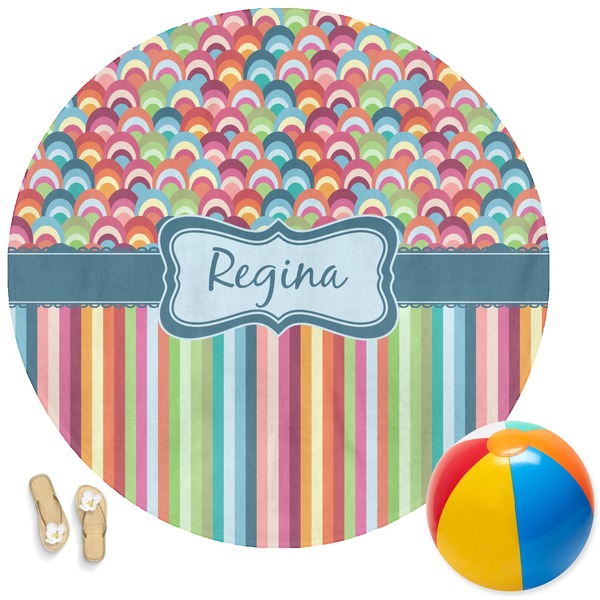 Custom Retro Scales & Stripes Round Beach Towel (Personalized)