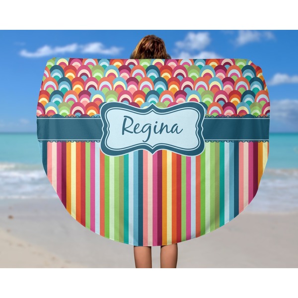 Retro Scales & Stripes Round Beach Towel - In Use