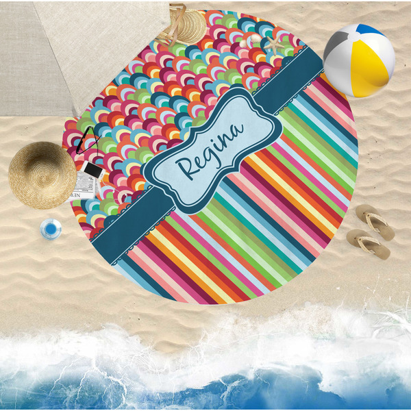 Retro Scales & Stripes Round Beach Towel Lifestyle