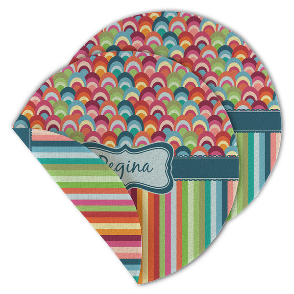 Custom Retro Scales & Stripes Round Linen Placemat - Double Sided - Set of 4 (Personalized)