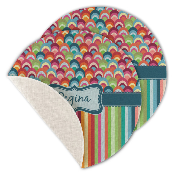 Custom Retro Scales & Stripes Round Linen Placemat - Single Sided - Set of 4 (Personalized)