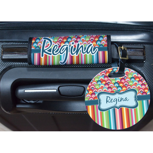 Retro Scales & Stripes Round Luggage Tag & Handle Wrap - In Context