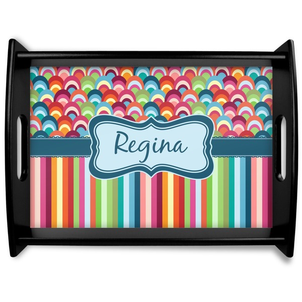 Custom Retro Scales & Stripes Black Wooden Tray - Large (Personalized)