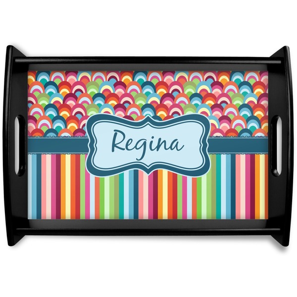 Custom Retro Scales & Stripes Black Wooden Tray - Small (Personalized)