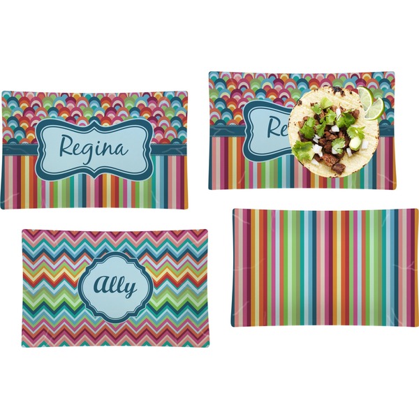 Custom Retro Scales & Stripes Set of 4 Glass Rectangular Lunch / Dinner Plate w/ Name or Text