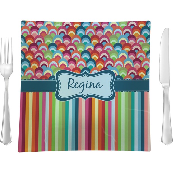 Custom Retro Scales & Stripes 9.5" Glass Square Lunch / Dinner Plate- Single or Set of 4 (Personalized)