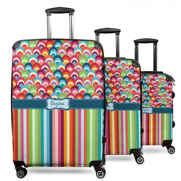 Custom Retro Scales & Stripes 3 Piece Luggage Set - 20" Carry On, 24" Medium Checked, 28" Large Checked (Personalized)
