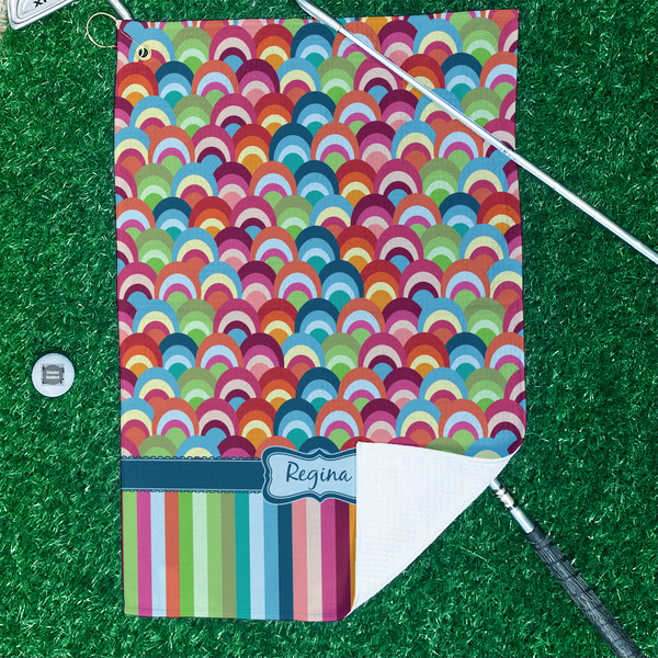 Retro Scales & Stripes Waffle Weave Golf Towel - In Context