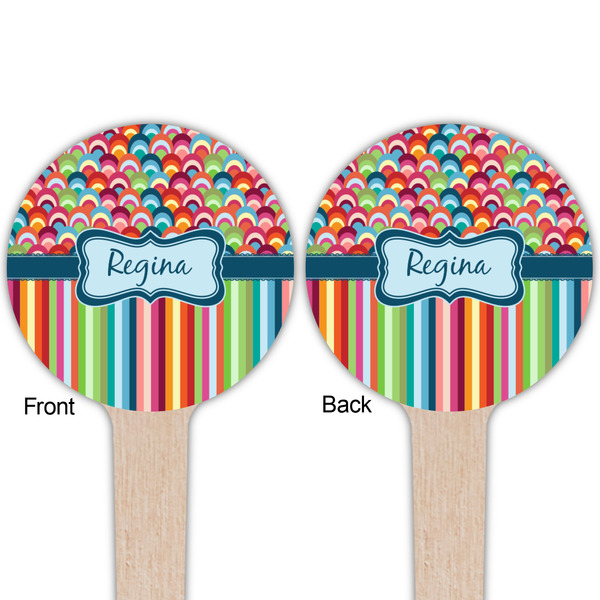 Retro Scales & Stripes Wooden 4" Food Pick - Round - Double Sided - Front & Back