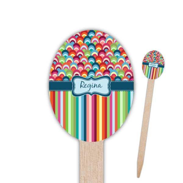 Custom Retro Scales & Stripes Oval Wooden Food Picks (Personalized)