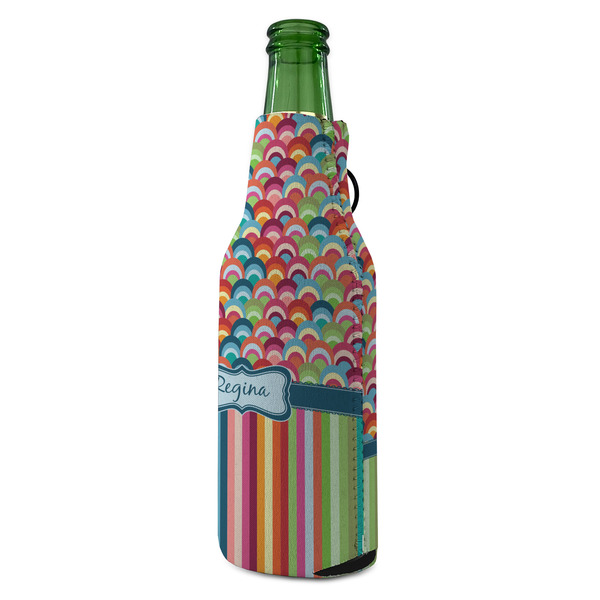 Retro Scales & Stripes Zipper Bottle Cooler - ANGLE (bottle)