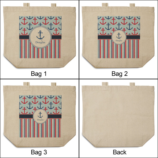 Anchors & Stripes 3 Reusable Cotton Grocery Bags - Front & Back View