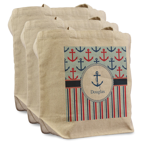 Custom Anchors & Stripes Reusable Cotton Grocery Bags - Set of 3 (Personalized)