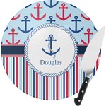 Anchors & Stripes Round Glass Cutting Board - Small (Personalized)