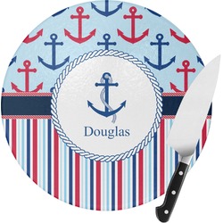 Anchors & Stripes Round Glass Cutting Board - Small (Personalized)