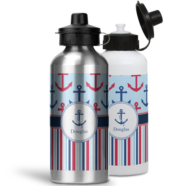 Anchors & Stripes Aluminum Water Bottles - MAIN (white &silver)