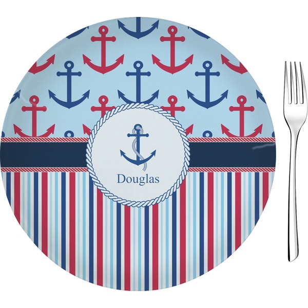 Custom Anchors & Stripes Glass Appetizer / Dessert Plate 8" (Personalized)