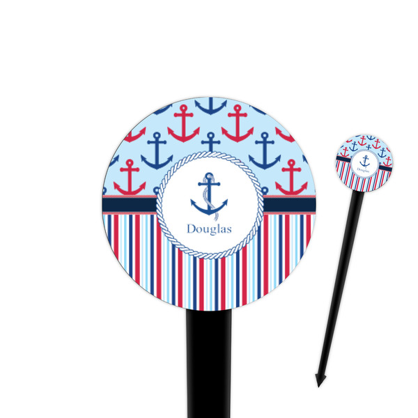 Custom Anchors & Stripes 4" Round Plastic Food Picks - Black - Single Sided (Personalized)