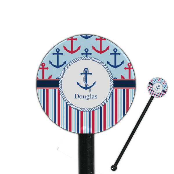 Custom Anchors & Stripes 5.5" Round Plastic Stir Sticks - Black - Single Sided (Personalized)