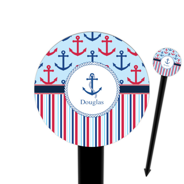 Custom Anchors & Stripes 6" Round Plastic Food Picks - Black - Single Sided (Personalized)