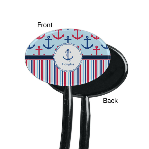Anchors & Stripes Black Plastic 7" Stir Stick - Single Sided - Oval - Front & Back
