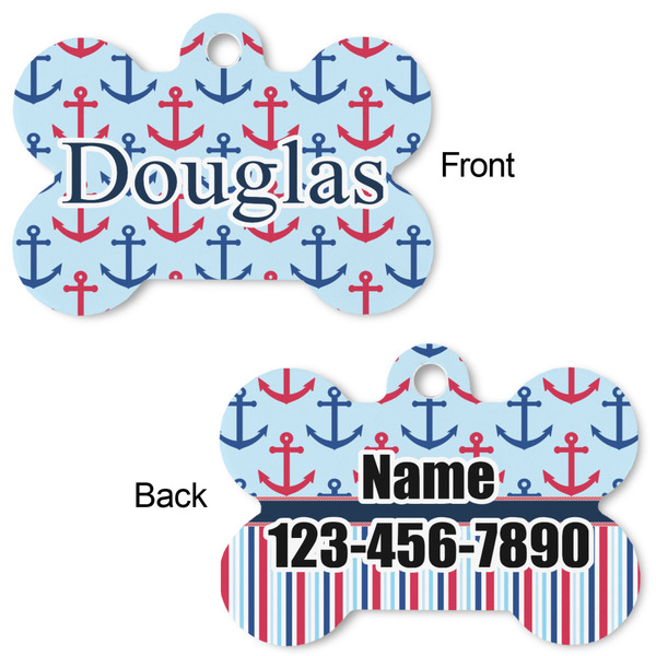 Anchors & Stripes Bone Shaped Dog Tag - Front & Back