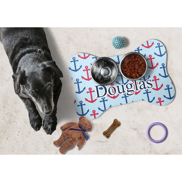 Anchors & Stripes Bone Shaped Mat w/ Food & Water