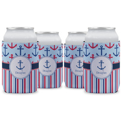 Anchors & Stripes Can Cooler (12 oz) - Set of 4 w/ Name or Text