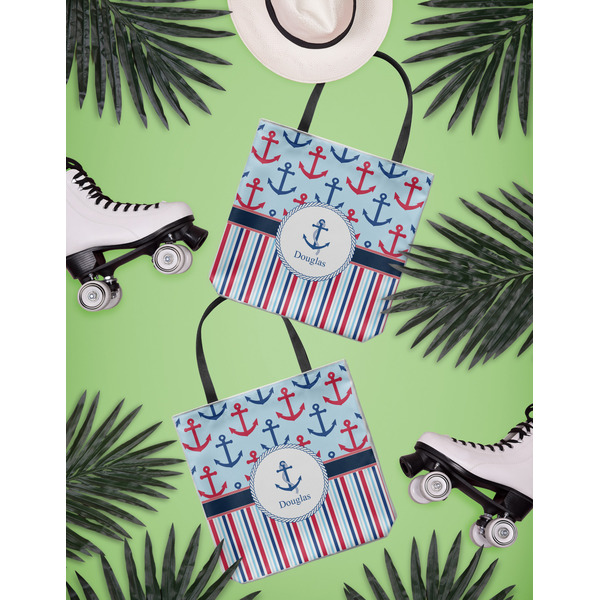 Anchors & Stripes Canvas Tote Lifestyle Front and Back- 13x13